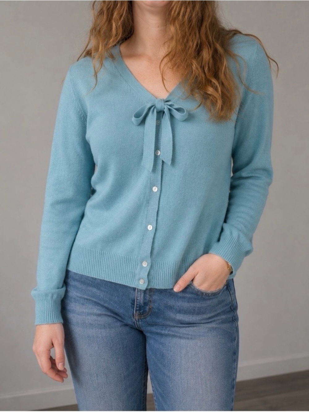 Lands End Marine Blue Cashmere Bow Cardigan Womens Large